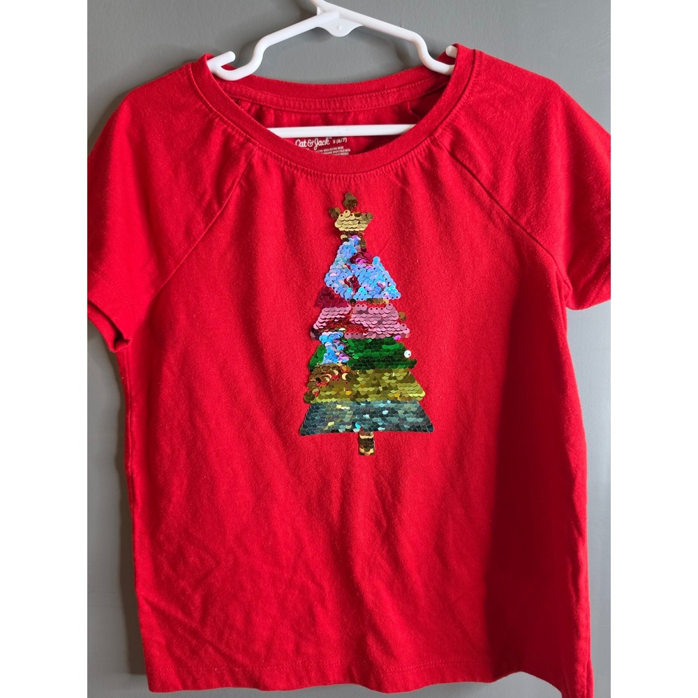 Cat & Jack Girls Red Christmas Tree Flip Sequin Short Sleeve Tee Shirt S 6/7